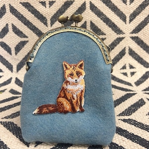 Hand Crafted Coin Purse/ Embroidery Fox Coin Purse / Gifts for Her Slate Blue