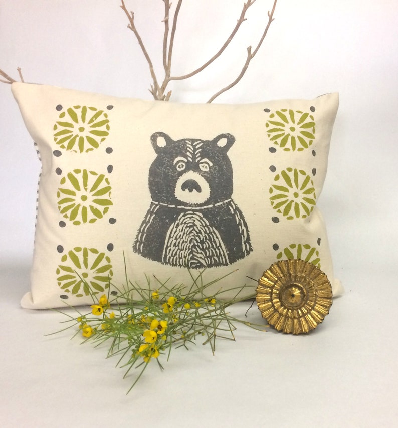 Bear Print Pillow Grey Bear and Citrine Green Print Kidney Etsy