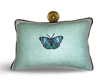 Butterfly Aqua Blue Green Embroidered  Linen Pillow - Embroidery Pillow