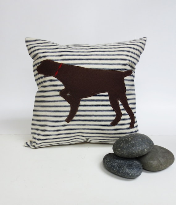 German Shorthair Pointer Pillow: Brown Silhouette on Ticking Stripe
