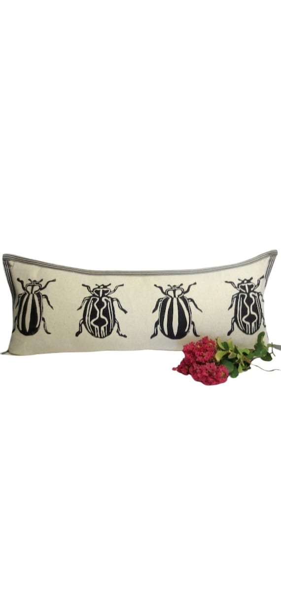 Insect Print Kidney Pillow: Hand Block Printed Decorative Pillow