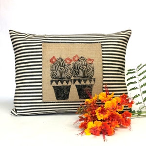 Hand Printed Cactus Pillow: Black & Beige Cotton Throw Pillow