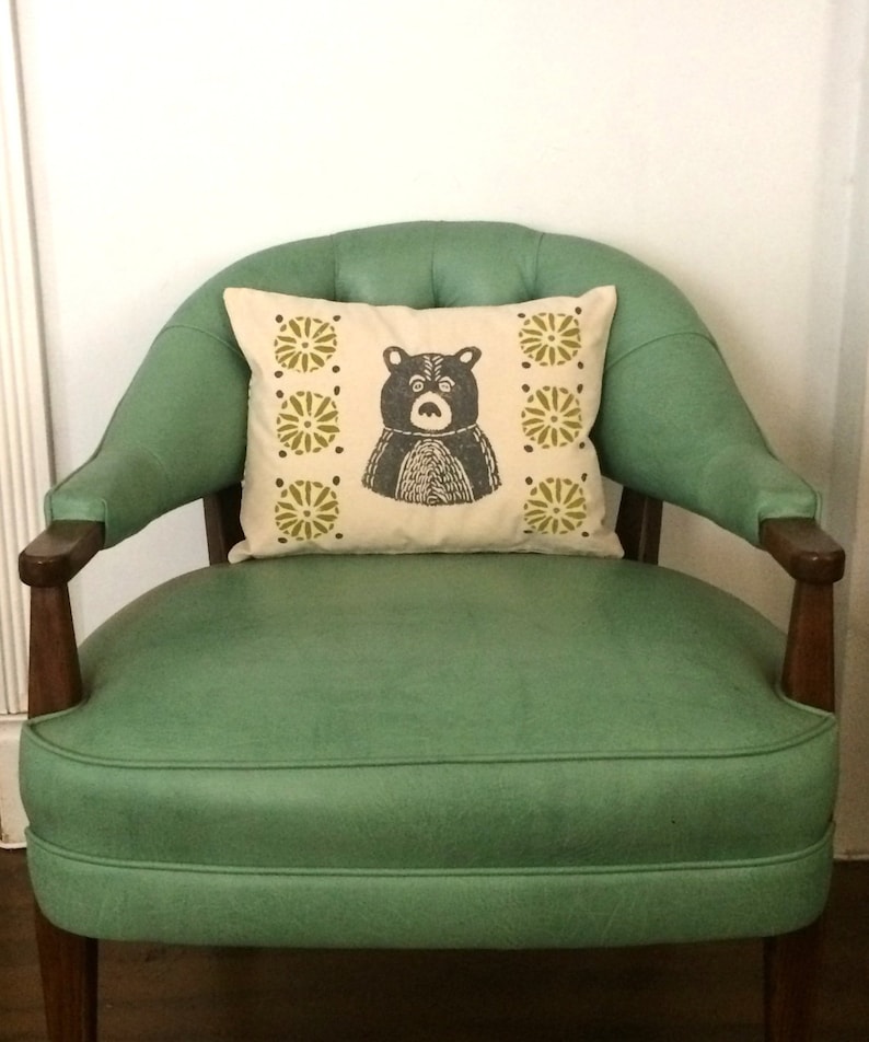 Bear Print Pillow Grey Bear and Citrine Green Print Kidney Etsy