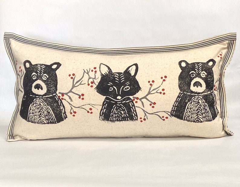 Woodland Bear and Fox Print Kidney Pillow Decorative Bear Etsy