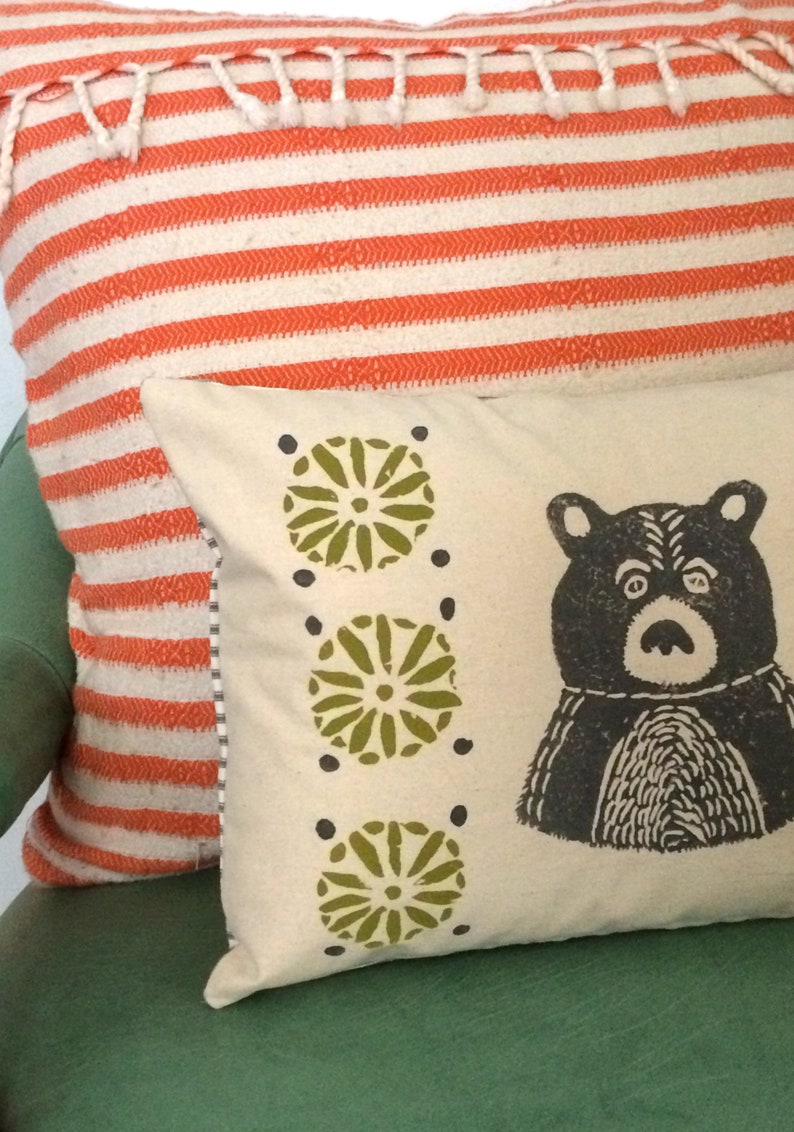 Bear Print Pillow Grey Bear and Citrine Green Print Kidney Etsy