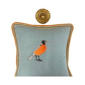 Slate Blue and Orange Bird Linen Pillow Bird Pillow image 2