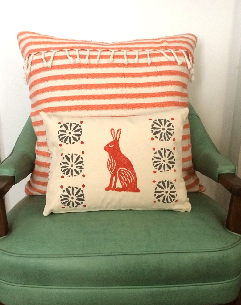 Rabbit Print Pillow Orange Rabbit and Grey Print Kidney Pillow / Birthday Gift Idea image 1