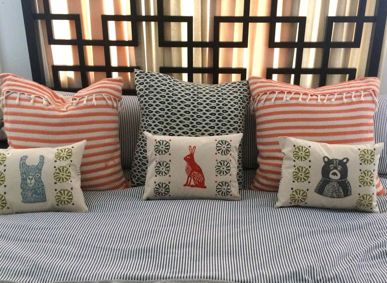 Rabbit Print Pillow Orange Rabbit and Grey Print Kidney Pillow / Birthday Gift Idea image 9