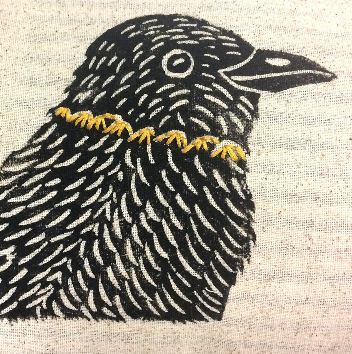 Decorative Ticking Stripe Kidney Pillow With Bird Block Print Etsy