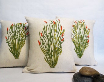 Green Cactus Ocotillo Desert Landscape Pillow, Decorative Hand Printed Ocotillo Cactus Pillow, Decorative Pillow Home s Day Gift