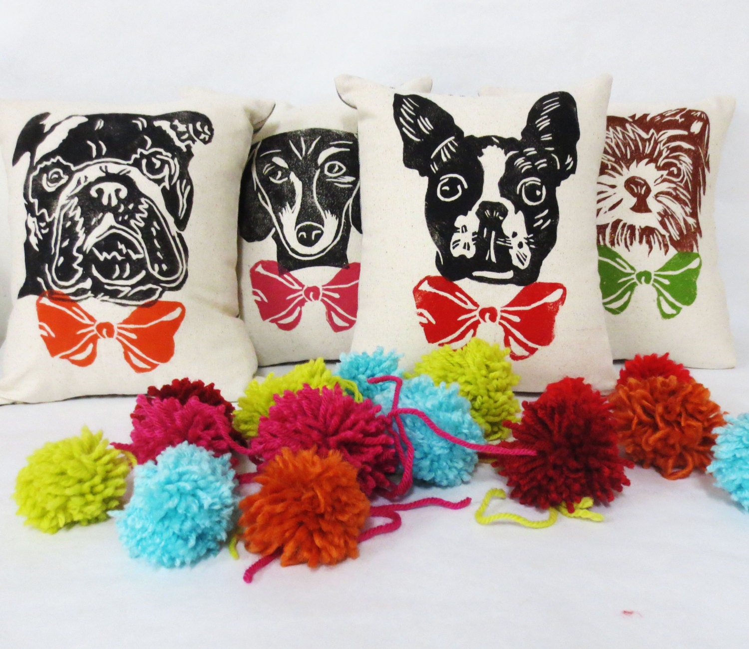Dog Face Pillow: Hand-Printed Bow Tie Accent