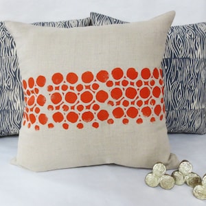 Grey Taupe Linen Hand Block Printed Printed Pillow with Orange Circular Geometric Print image 1