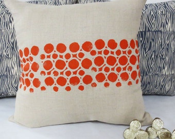 Grey Taupe Linen Hand Block Printed Printed Pillow with Orange Circular Geometric Print