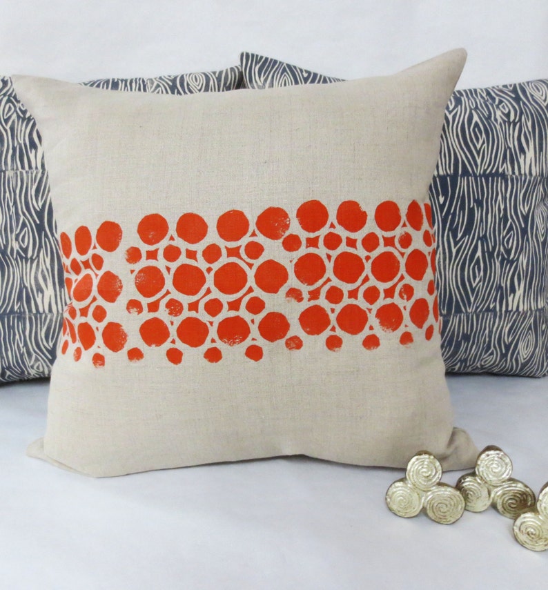 Grey Taupe Linen Hand Block Printed Printed Pillow with Orange Circular Geometric Print image 1