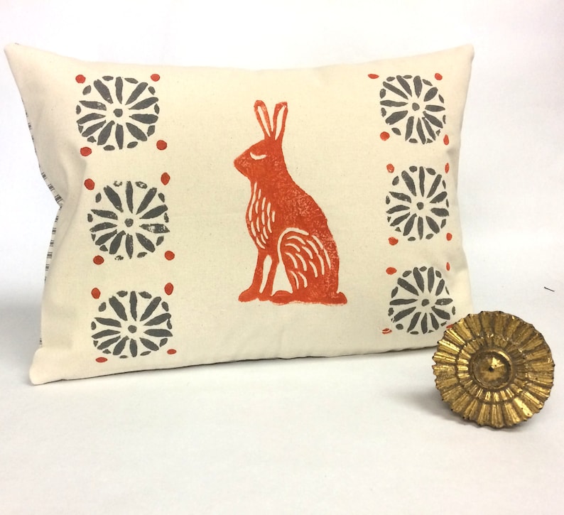 Rabbit Print Pillow Orange Rabbit and Grey Print Kidney Etsy