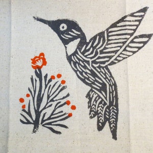 Taupe Flax Cotton Tea Towel Hand Towel with Hummingbird Bird Hand Block Print with Orange Floral Blossom Accents / Birthday Gift image 4