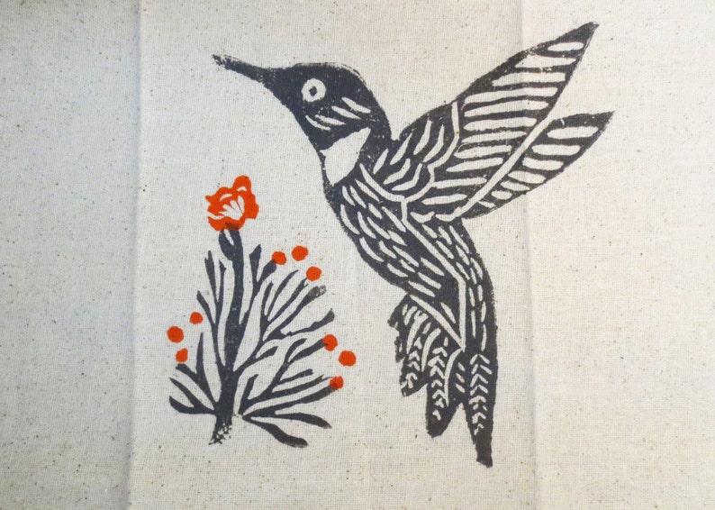 Taupe Flax Cotton Tea Towel Hand Towel with Hummingbird Bird Hand Block Print with Orange Floral Blossom Accents / Birthday Gift image 4