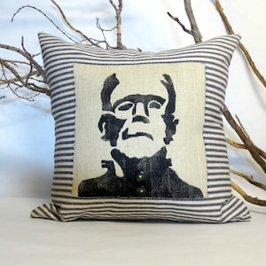 Frankenstein Halloween Pillow: Gothic Print, Ticking Fabric