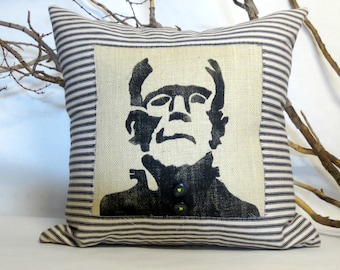Frankenstein Halloween Pillow: Gothic Print, Ticking Fabric