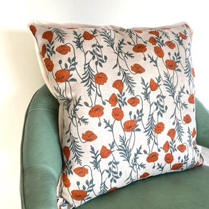 Floral Print Linen Pillow - Orange and Green Poppy Flower Printed Decorative Pillow