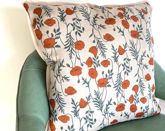 Floral Print Linen Pillow - Orange and Green Poppy Flower Printed Decorative Pillow