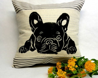 Hand Block Print French Bulldog Pillow: Ticking Stripe Decorative Cushion