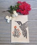 Taupe Flax Cotton Tea Towel Hand Towel with Hummingbird Bird Hand Block Print  with Orange Floral Blossom Accents / Birthday Gift 