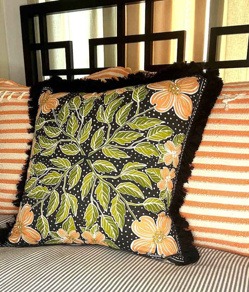 Decorative Black, Peach and Green Floral Printed Pillow with Black Brush Fringe Trim image 1