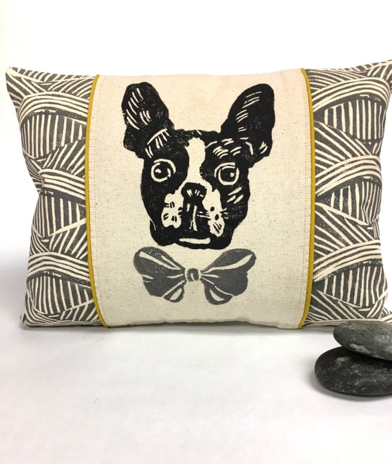 Black Boston Terrier Decorative Pillowyellow And Gray Kidney Etsy