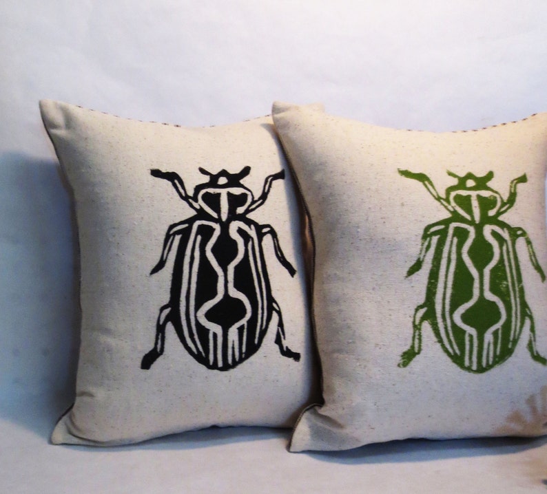 Hand Block Printed Beetle Insect Pillow / s Day Gift image 2
