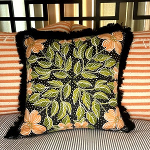 Decorative Black, Peach and Green Floral Printed Pillow with Black Brush Fringe Trim image 3