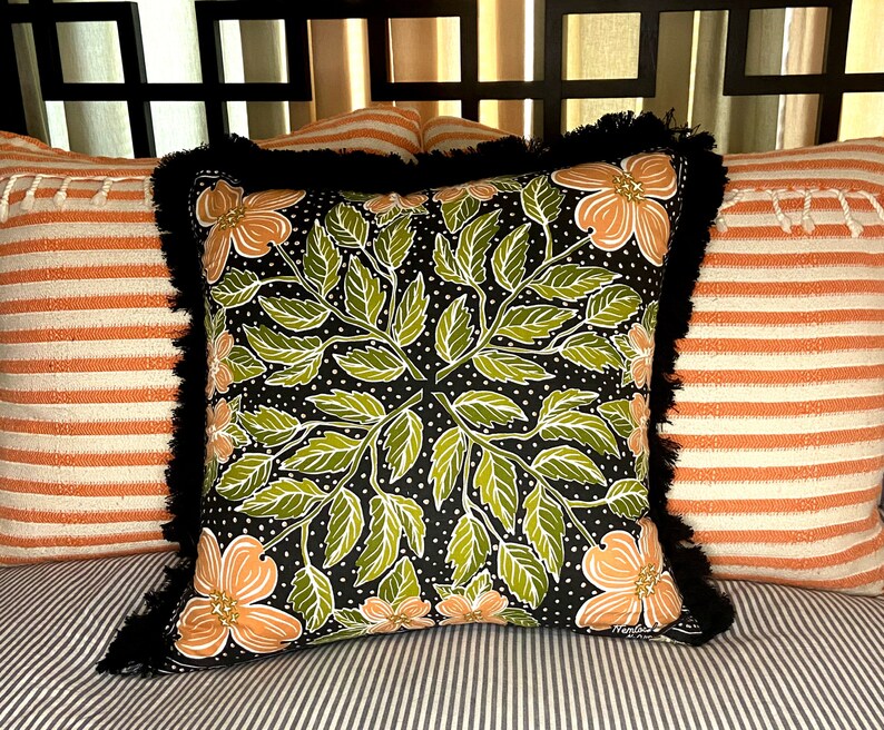 Decorative Black, Peach and Green Floral Printed Pillow with Black Brush Fringe Trim image 3