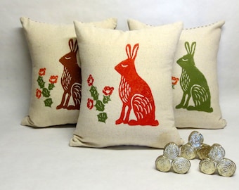 Rabbit Desert Cactus Pillow - Hand Printed Rabbit Desert Cactus Pillow