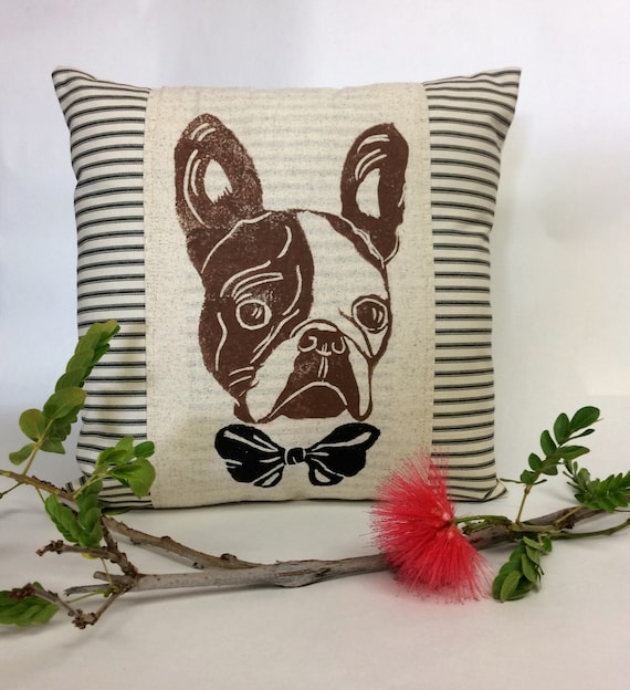 Hand Block Print French Bulldog Pillow: Ticking Stripe Throw Pillow