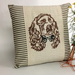 Hand Block Print Cocker Spaniel Pillow Cover: Ticking Stripe Accent Pillow image 3