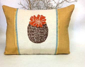 Hand Printed Cactus Pillow: Mustard Yellow Linen with Fringe Trim
