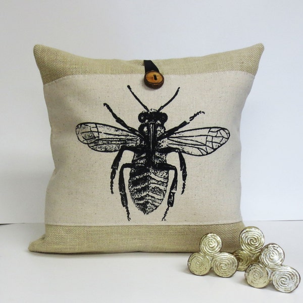 Bee Insect Screen Print Pillow - Poly Burlap Pillow - Decorative Accent Cushion Cover