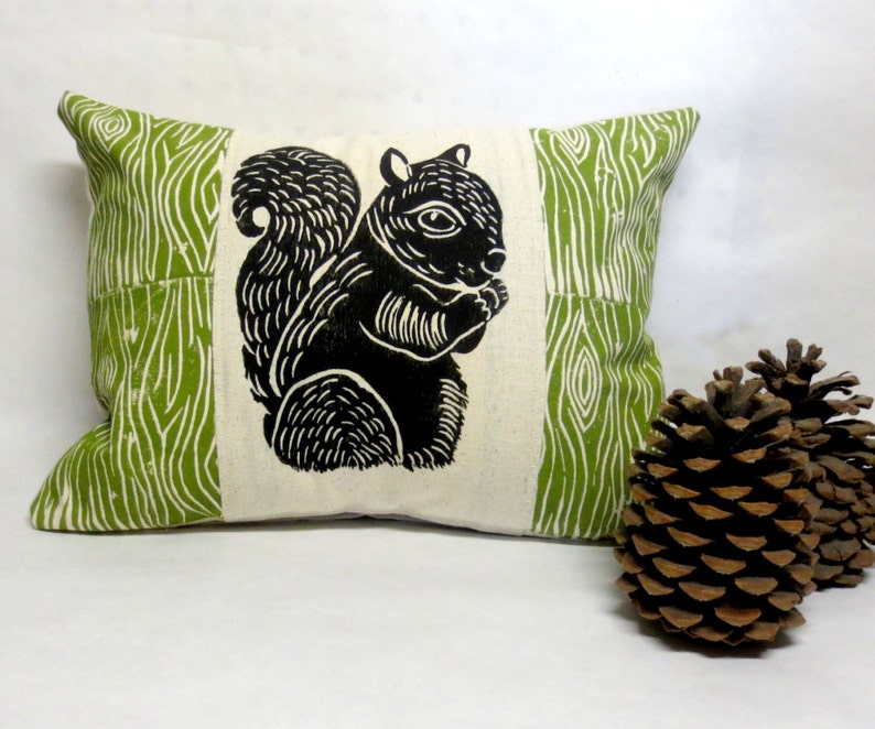 Squirrel and Wood Print Pillow Woodland Squirrel and Wood Grain Print Pillow image 1