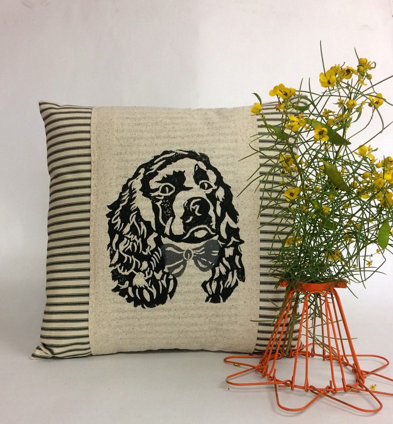 Hand Block Print Cocker Spaniel Pillow Cover: Ticking Stripe Accent Pillow image 1