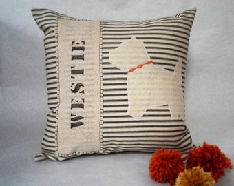 Westie silhouette striped pillow, felt westie silhouette decorative striped pillow, black ticking stripe cotton  pillow, Westie dog pillow