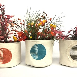 Puede incluir: Tres macetas de tela blanca con círculos impresos de diferentes colores en la parte delantera. Los círculos están medio llenos de rayas. Las macetas están llenas de diferentes tipos de flores.