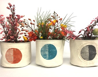 5” Circular Print Succulent / Plant Pot, Blockprinted Fabric Bucket