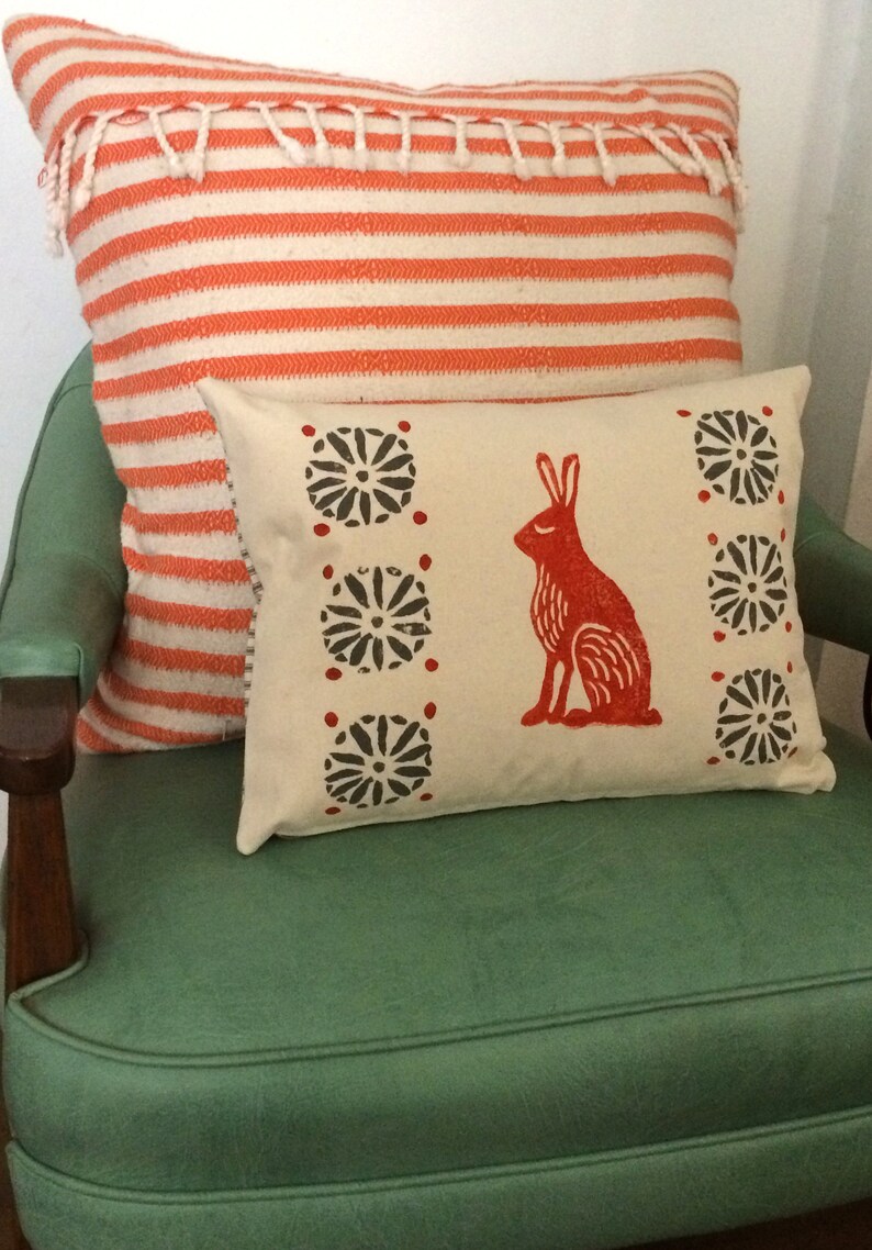 Rabbit Print Pillow Orange Rabbit and Grey Print Kidney Pillow / Birthday Gift Idea image 6