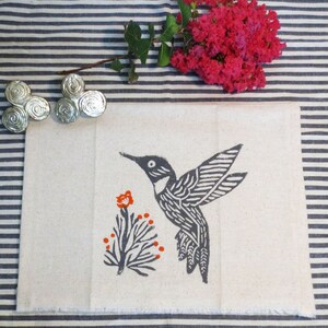 Taupe Flax Cotton Tea Towel Hand Towel with Hummingbird Bird Hand Block Print with Orange Floral Blossom Accents / Birthday Gift image 3