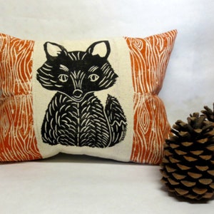 Woodland Fox Pillow: Hand Carved Print, Rustic Cabin Decor