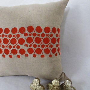 Grey Taupe Linen Hand Block Printed Printed Pillow with Orange Circular Geometric Print image 4