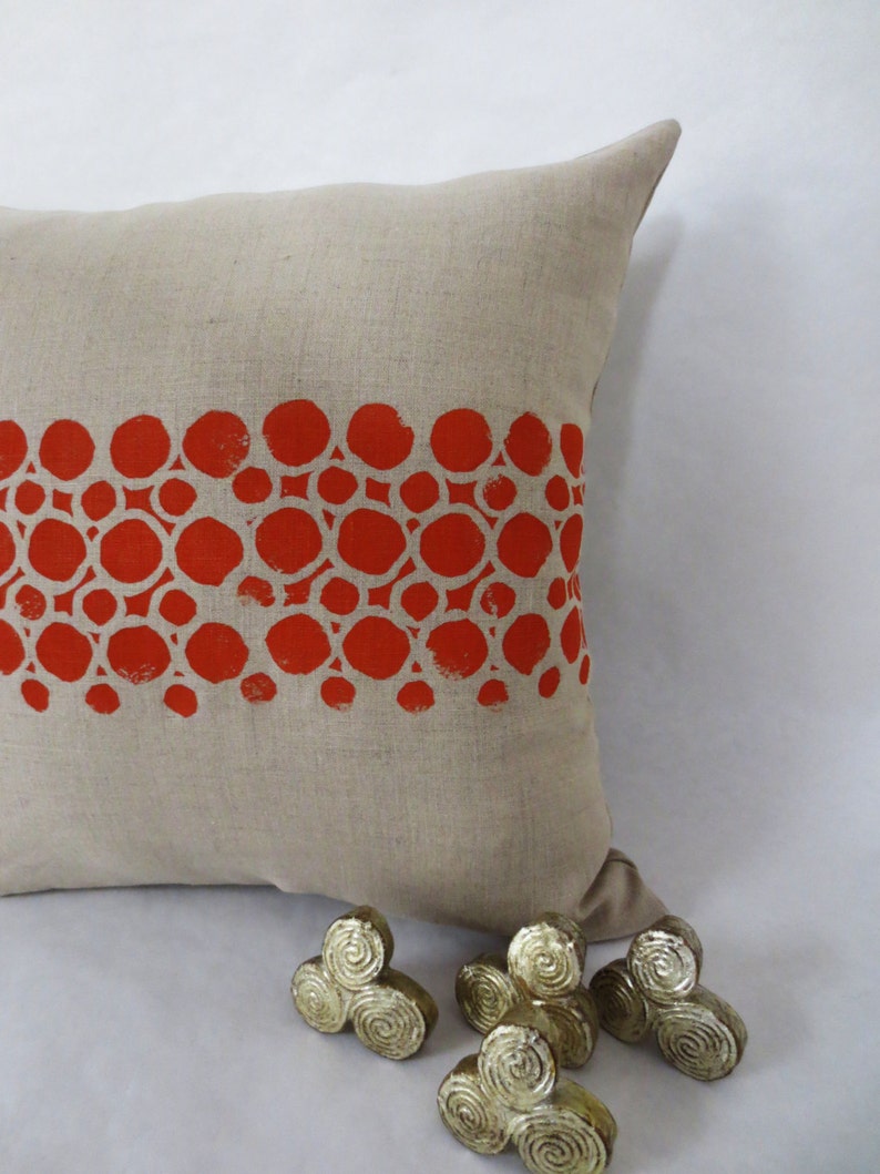 Grey Taupe Linen Hand Block Printed Printed Pillow with Orange Circular Geometric Print image 4