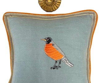 Slate Blue and Orange Bird Linen Pillow - Bird Pillow
