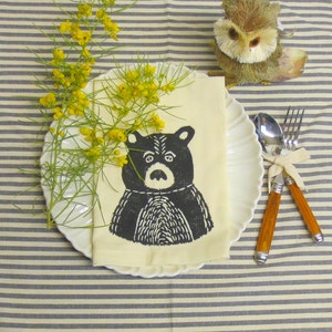 Set of Four Ivory Cotton Napkin with Hand Print Rustic Bear Design / Housewarming Gift