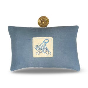 Embroidered Octopus Linen Pillow: Slate Blue Beach Decor